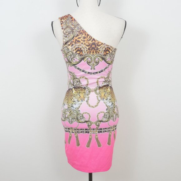 Symphony One Shoulder Pink Gold Baroque Leopard Graphic Size Medium Dress - Picture 11 of 11